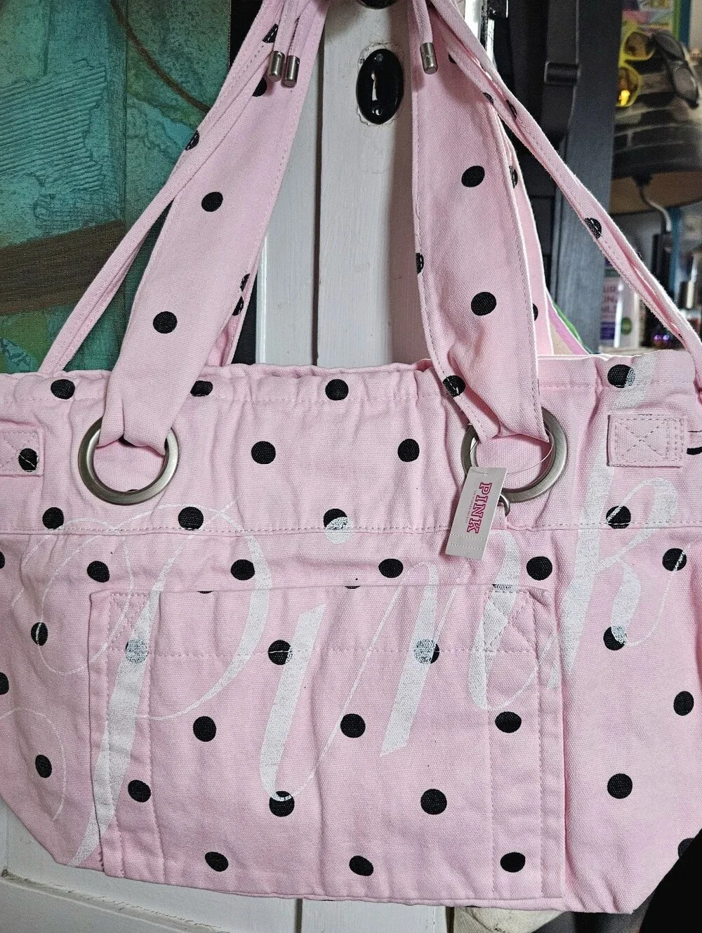 PINK Victoria's Secret Canvas Flat Bottom Tote Bag In Pink Dot NEW MSRP $69.95